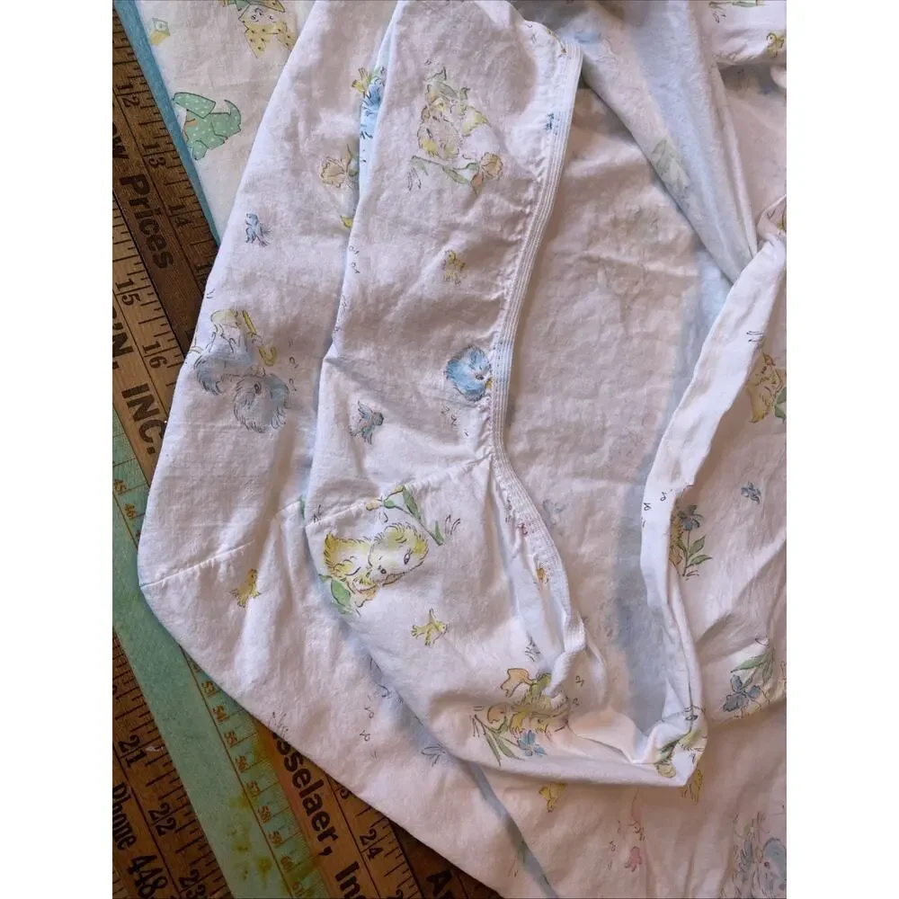 Vtg 70s Crib Sheet Yellow Bear Bunny Cats Bears Baby Retro Kitschy 3 Pcs Fabric